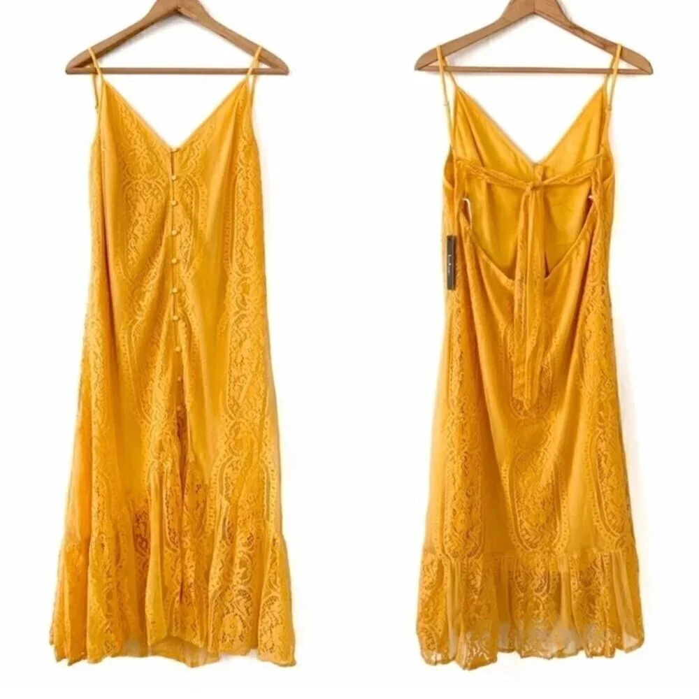 NWT Lulus Zahria Golden Yellow Lace Button Front Midi Dress - Size Large